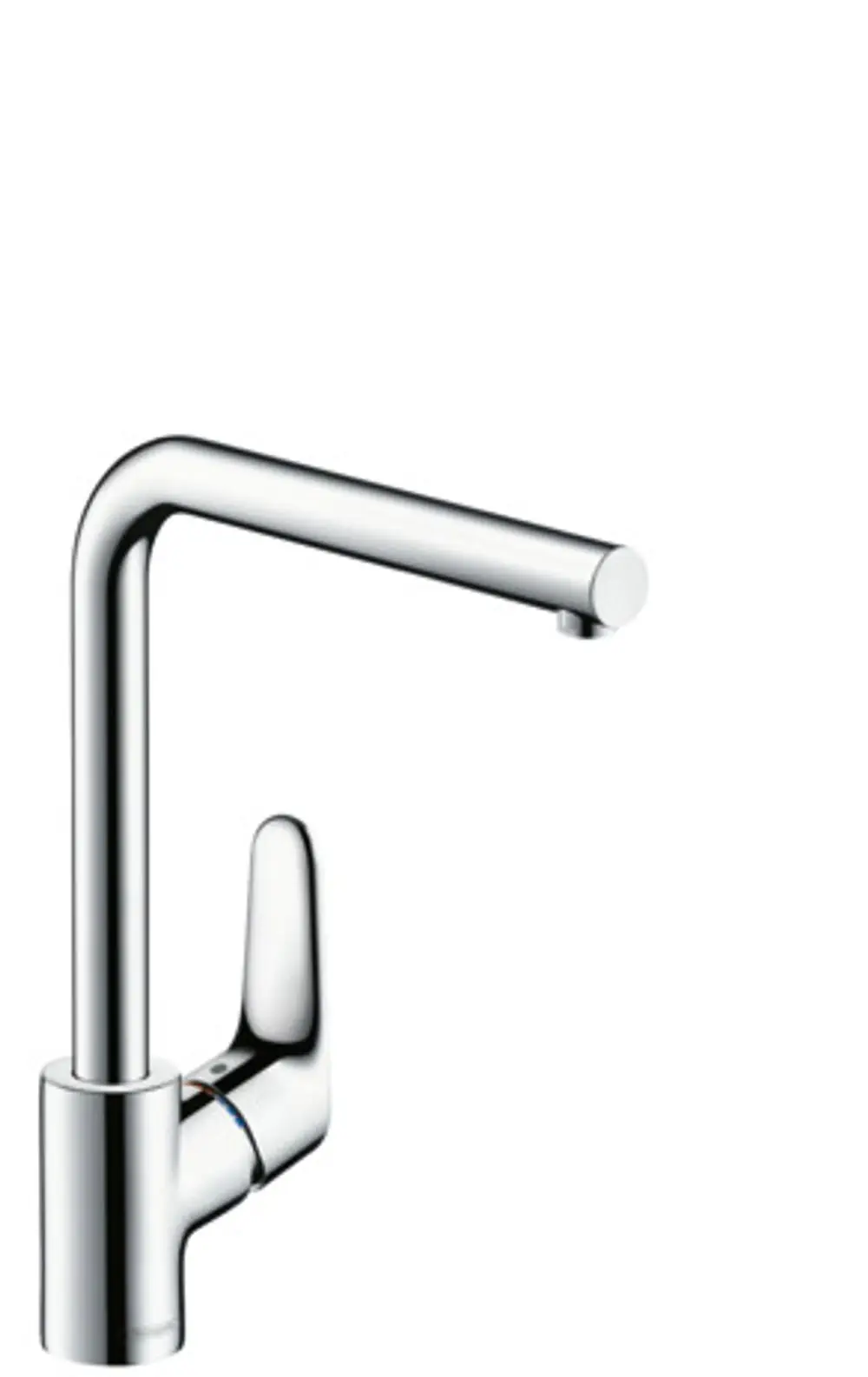 Chromfarbener Spültischmischer von Hansgrohe mit schmalem, geraden Auslauf und ergonomischem Hebel zur Wassersteuerung.